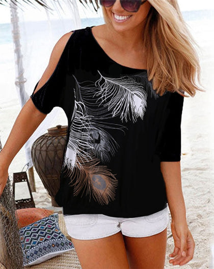Short Sleeve Feather Print Blouse